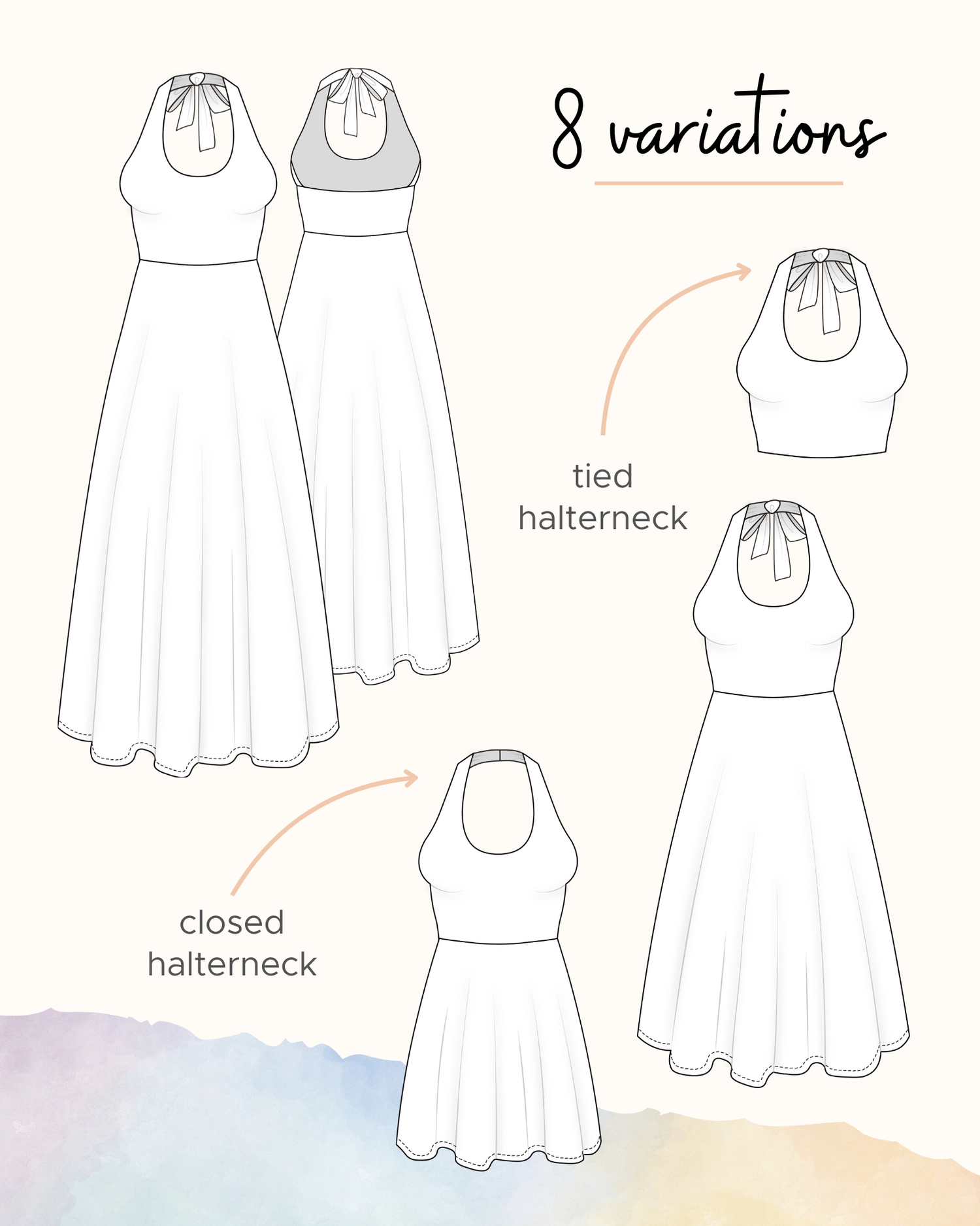 Illustrations of a dress with halterneck variations on a light background