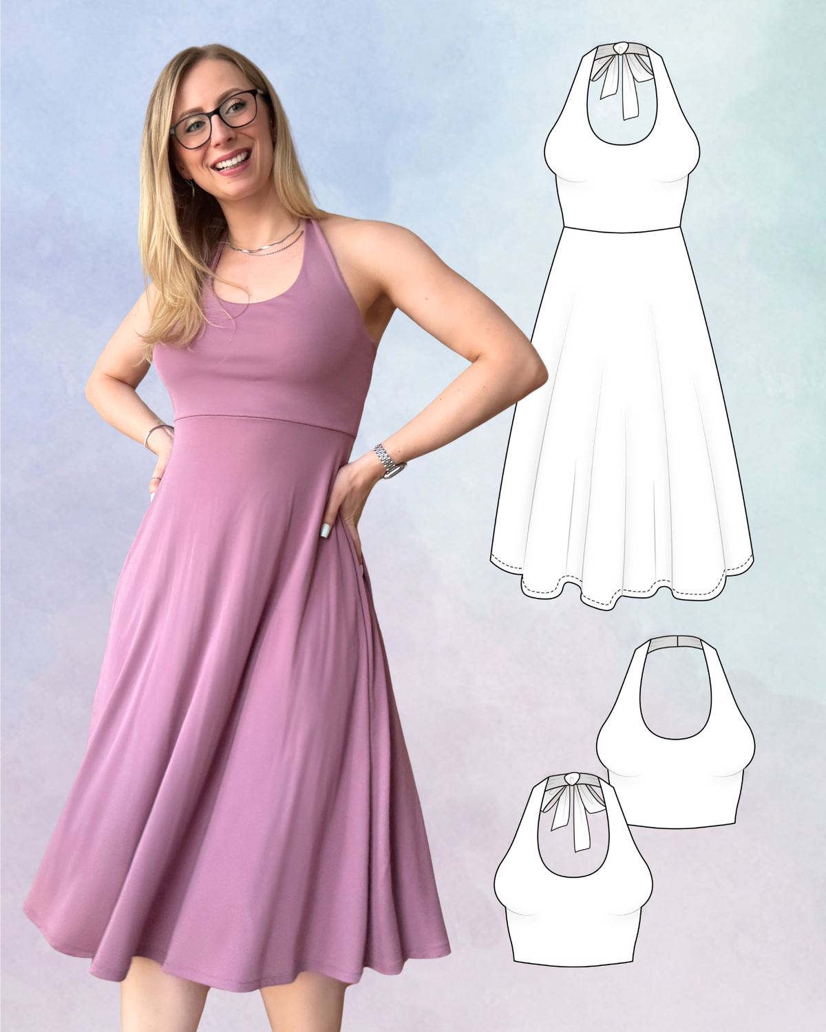 Woman wearing a pink dress with sewing pattern pieces displayed on a light blue background