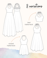 Illustrations of a dress with halterneck variations on a light background