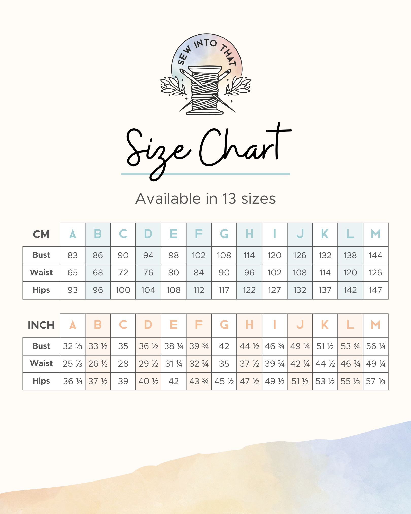 Size chart for clothing measurements with the Sew Into That brand logo at the top.
