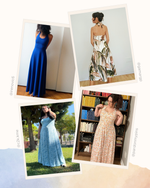 Collage of women wearing long halterneck dresses in various settings.