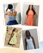 Collage of four women wearing different halterneck dresses in various settings.