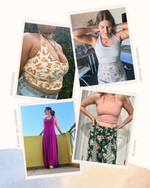 Collage of four images featuring women in various outfits with a neutral background.