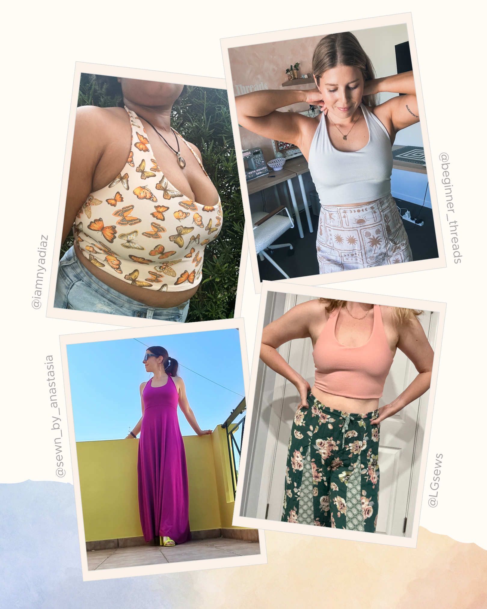 Collage of four images featuring women in various outfits with a neutral background.