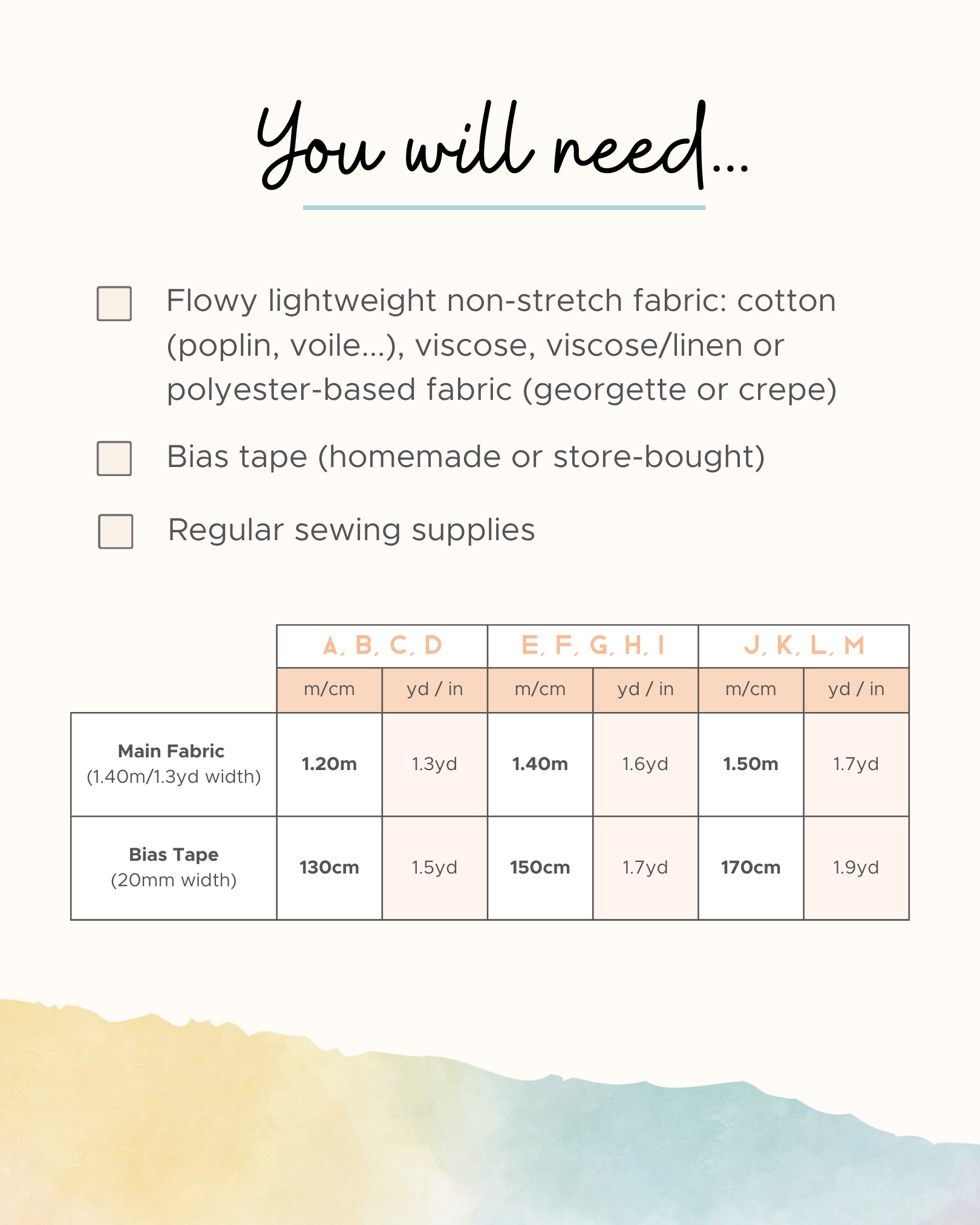 List of materials needed for sewing project with fabric and bias tape measurements.