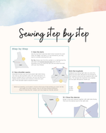 Sewing tutorial guide with step-by-step instructions and diagrams on a white background.
