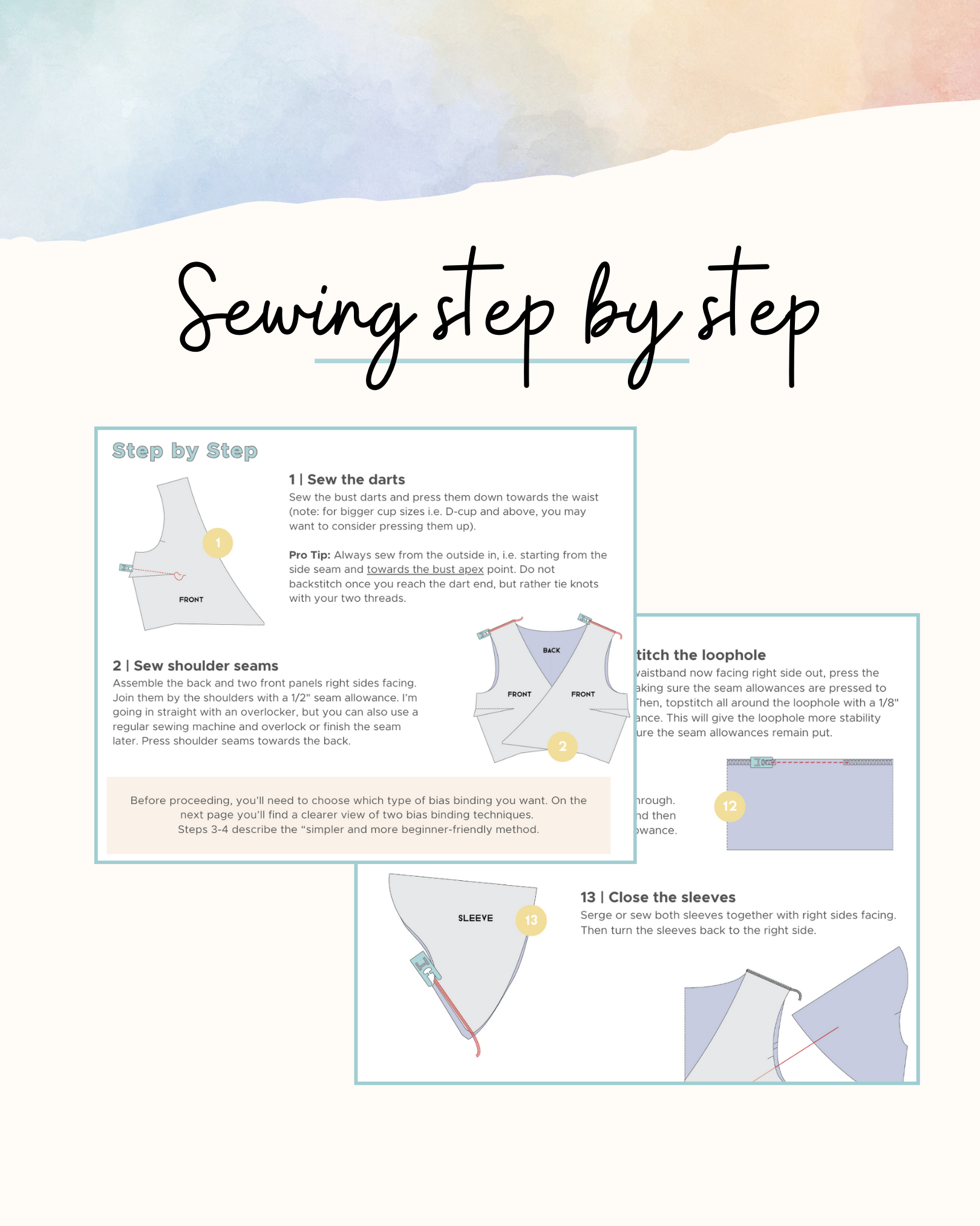 Sewing tutorial guide with step-by-step instructions and diagrams on a white background.